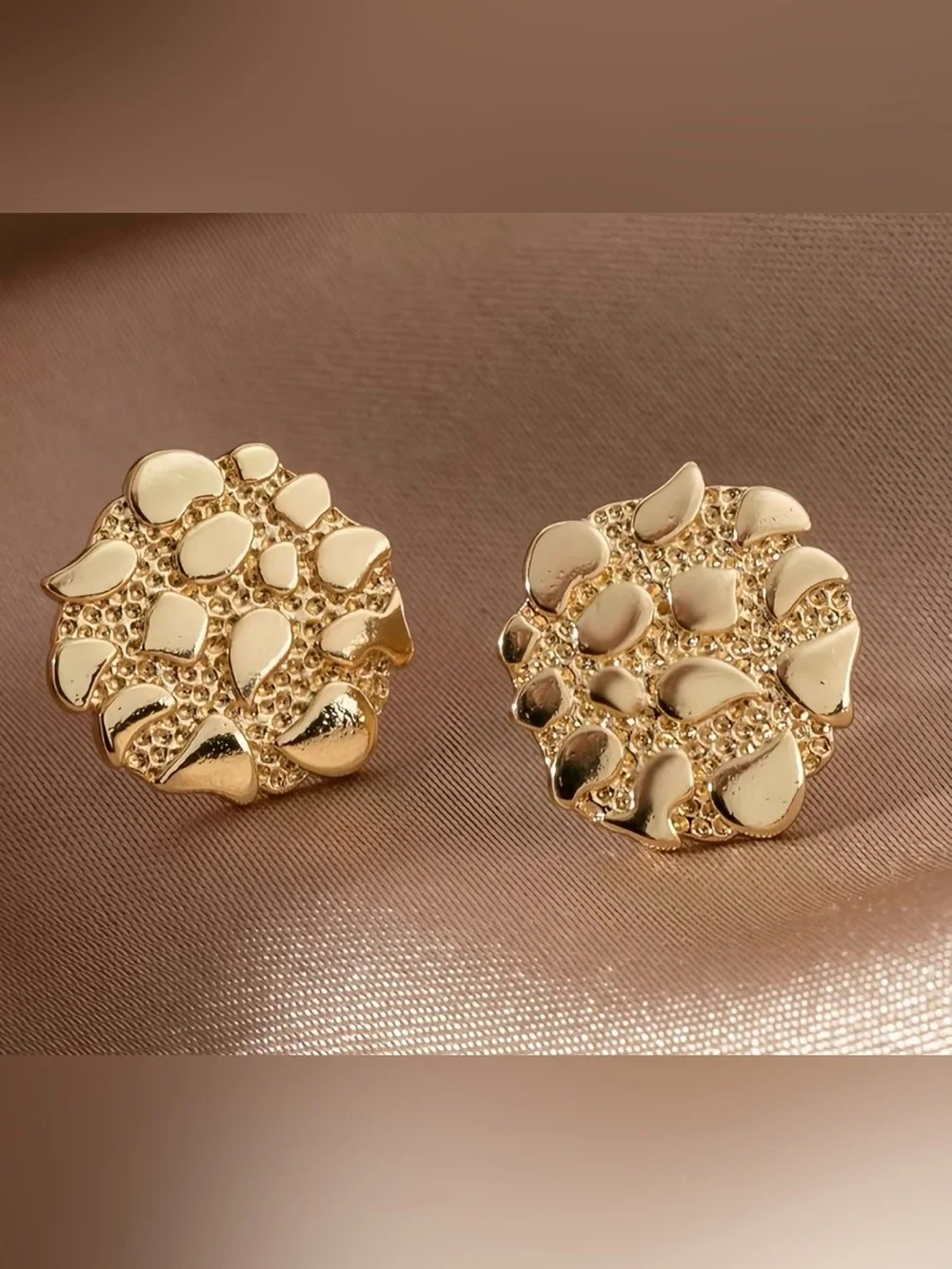 Gold Men's Textured Round Stud Earrings